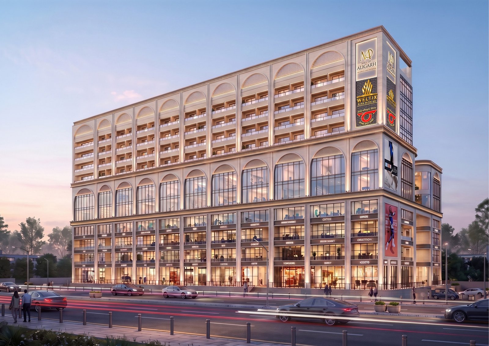 Mall of Aligarh building exterior render at dusk